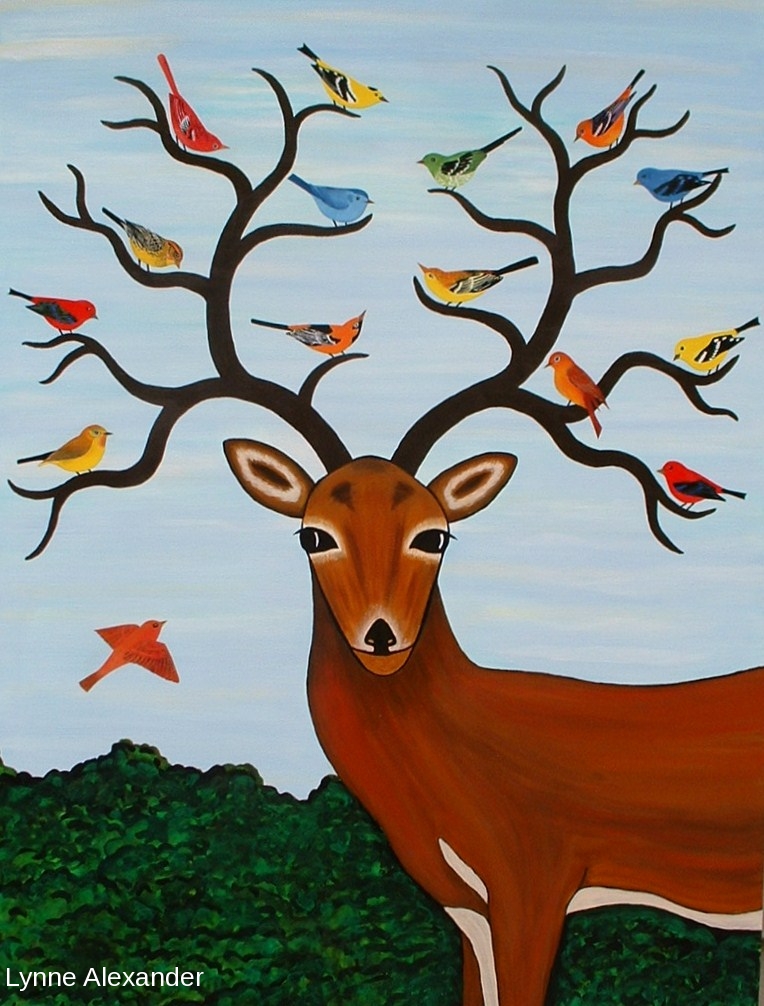 Deer with Birds in Antlers wi Blue Sky